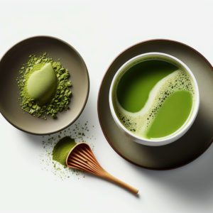 Matcha tea with cup and brush