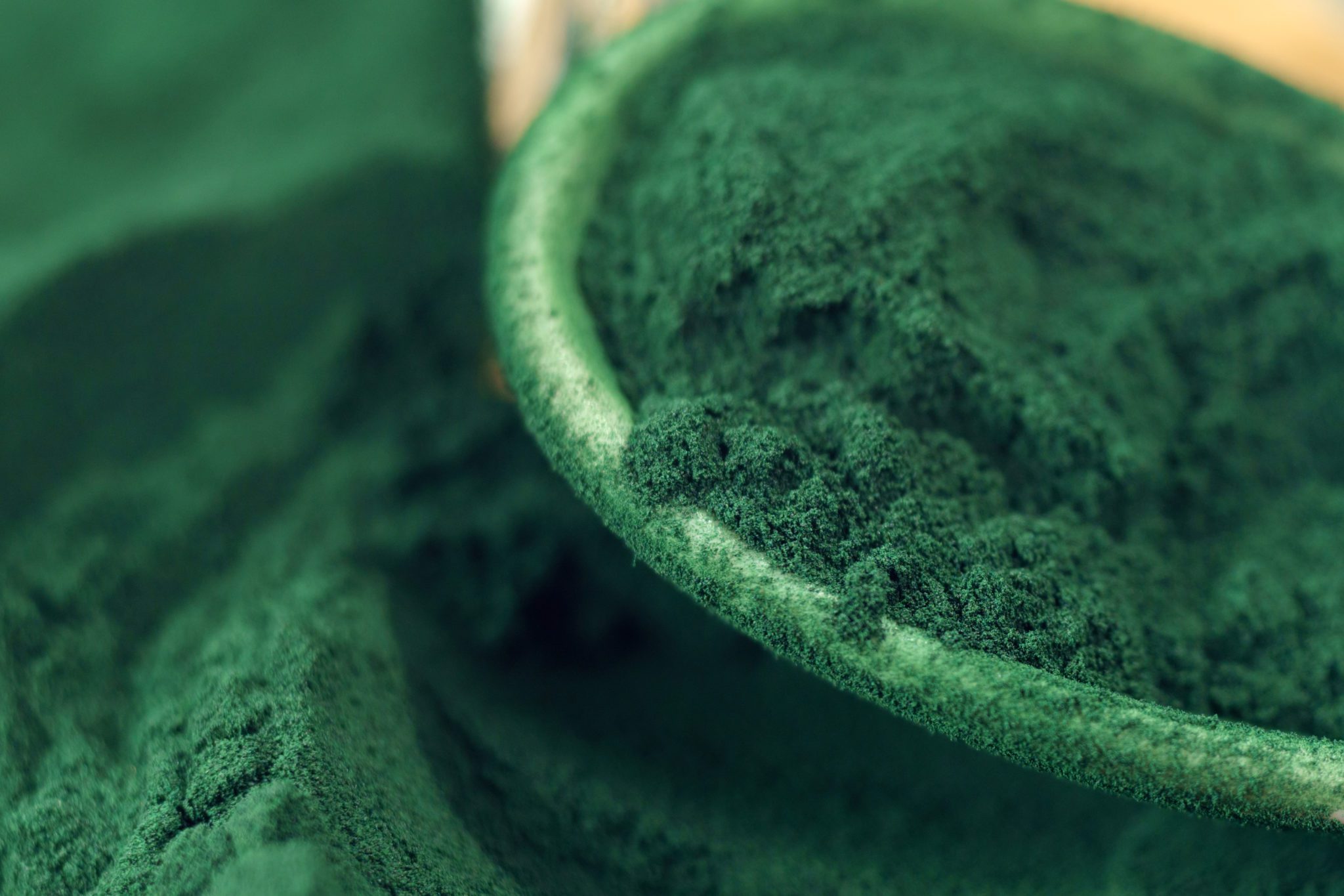 Green algae in powder, spirulina in wooden spoon.