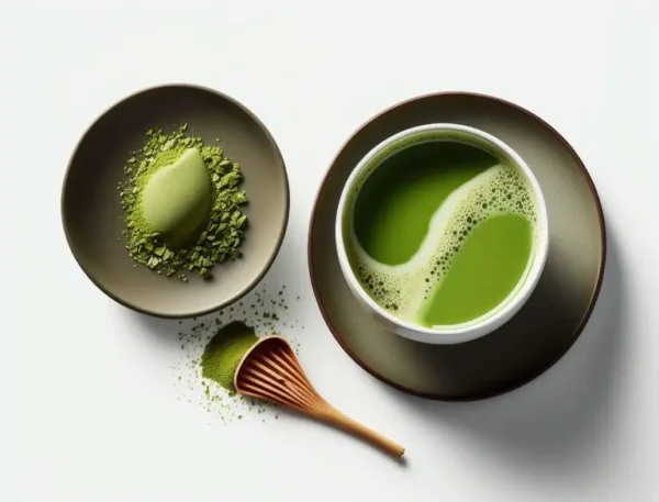 Green Matcha Tea in a bowl next to a cup with matcha tea and a brush